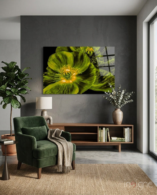 Chartreuse poppy bloom glass wall art