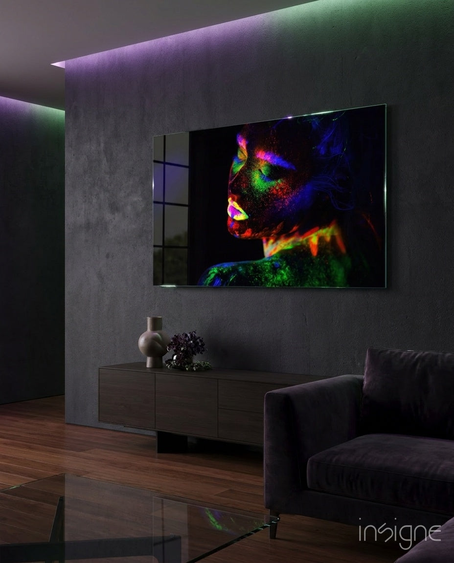 Neon body paint portrait glass wall art