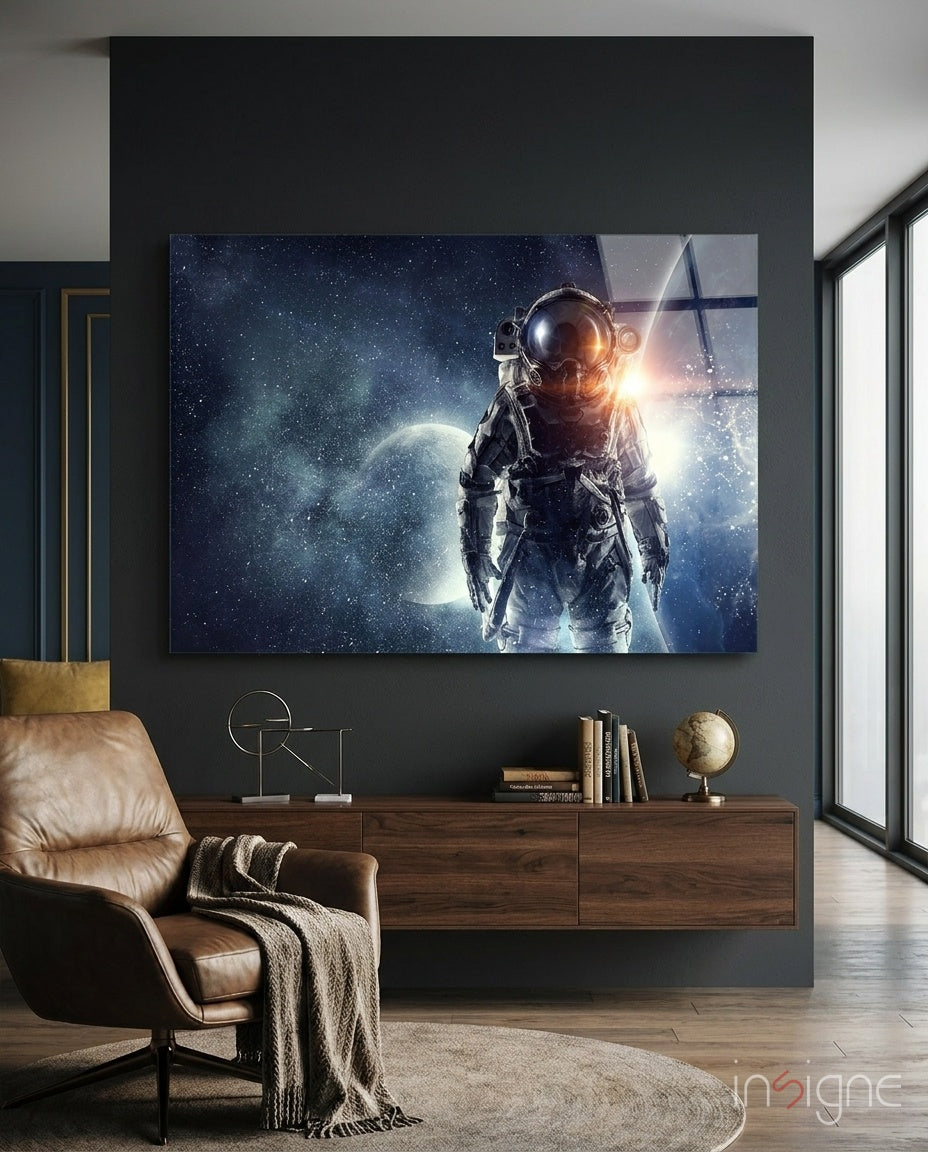Starfield Astronaut Glass Wall Art with crescent planet
