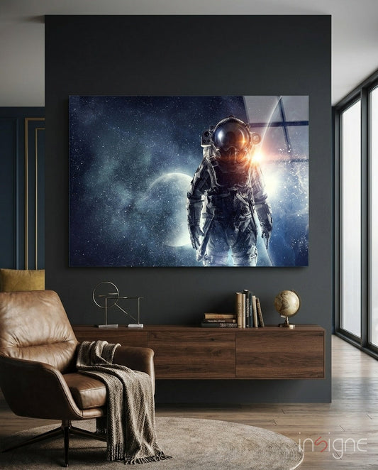 Starfield Astronaut Glass Wall Art with crescent planet