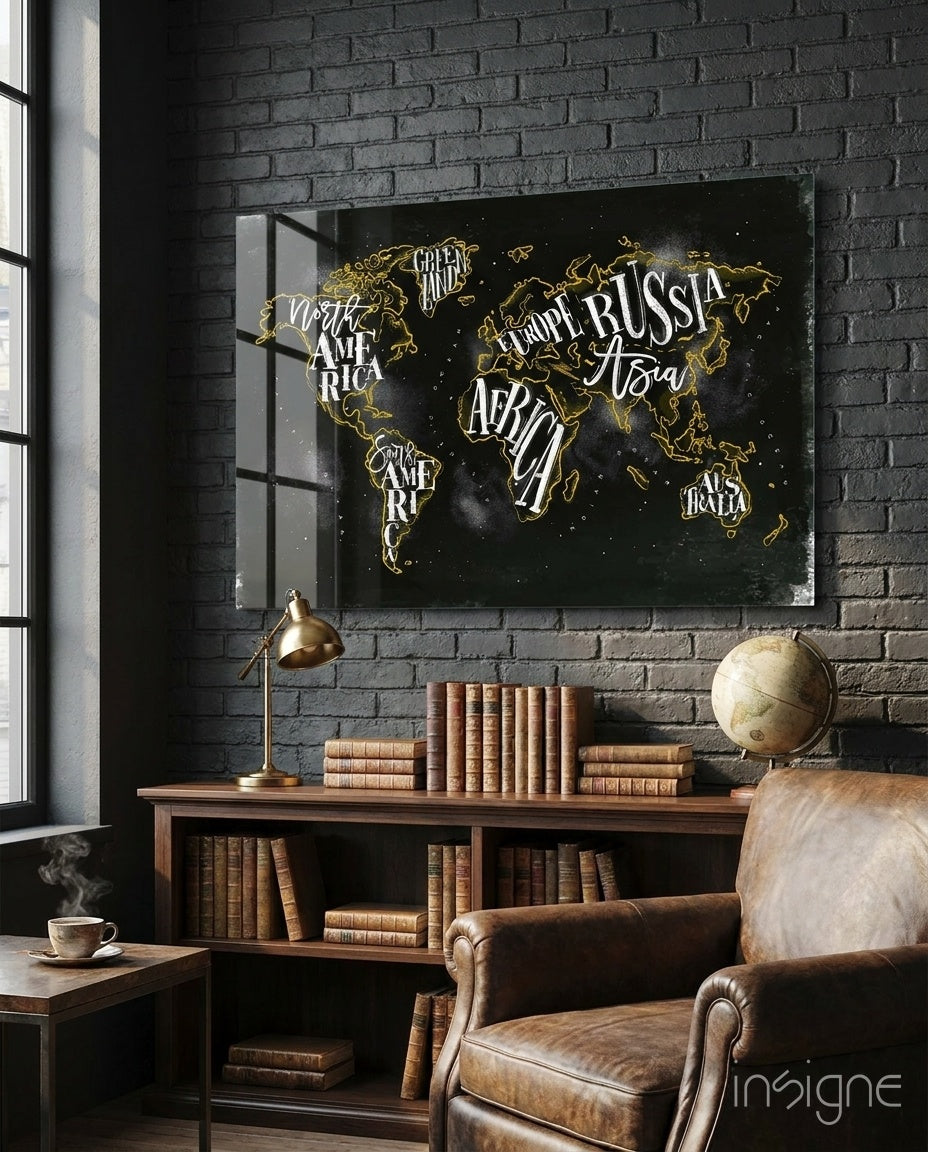 Modern world map glass wall art