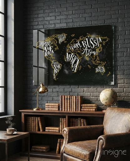 Modern world map glass wall art