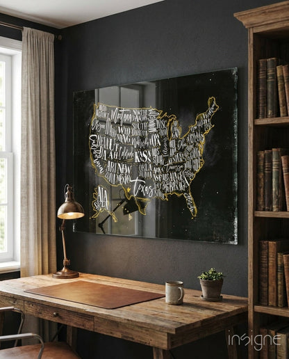 Map of USA Glass Wall Art chalkboard typography