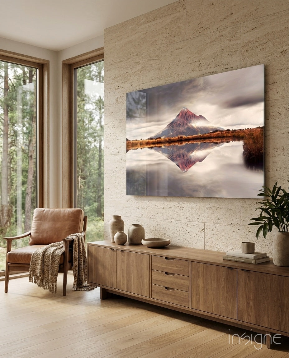 Volcano peak mirrored reflection on water mountain glass wall art