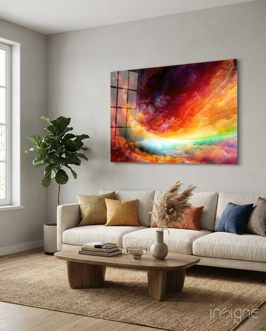 Rainbow Cosmic Clouds Glass Wall Art in red, orange, and turquoise