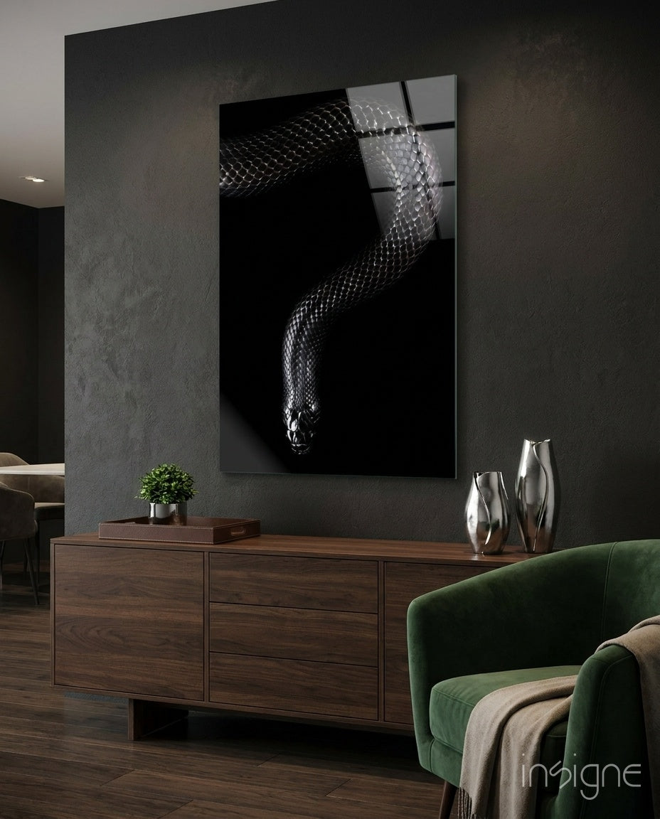 Silver scaled snake fine-art glass wall art