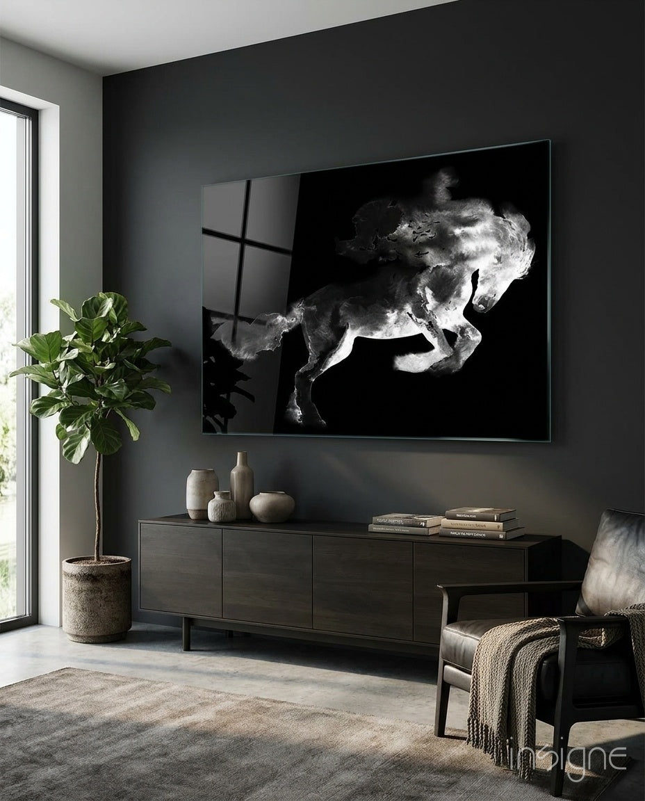 Rearing smoke horse glass wall art