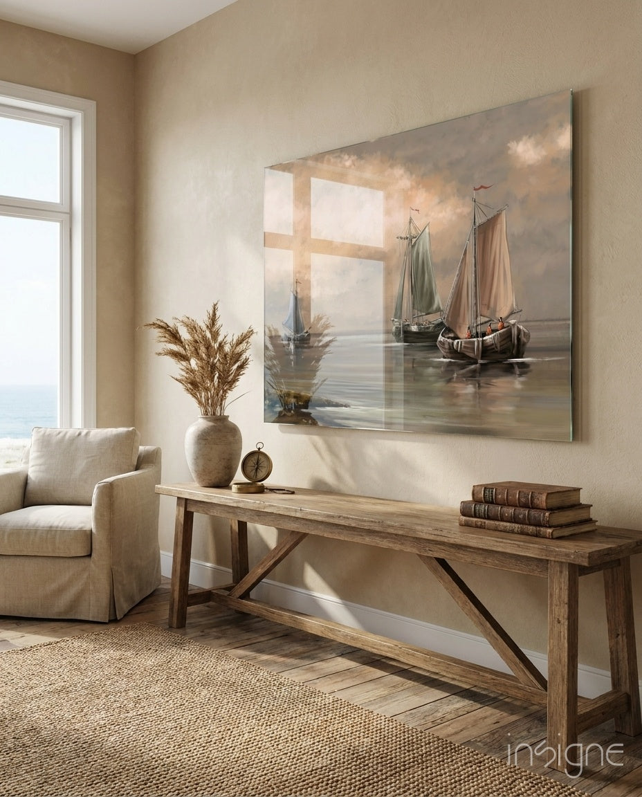 Misty Harbor Fishing Boats Glass Wall Art sailboats