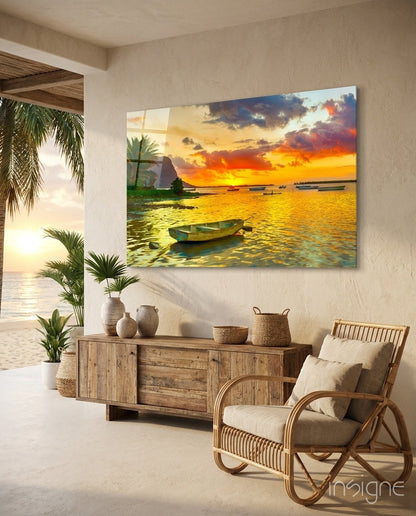 Sunset fishing boat glass wall art in amber and turquoise