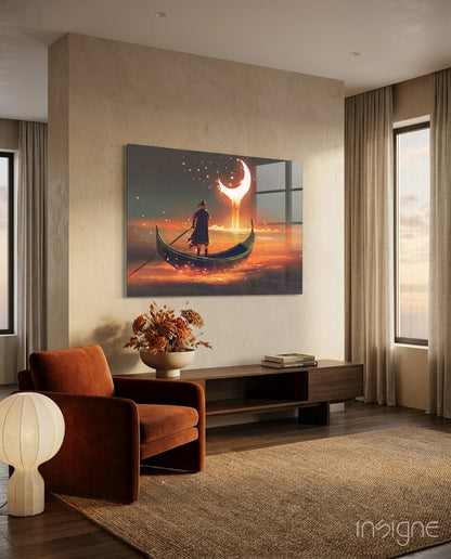 Golden molten moon rower glass wall art