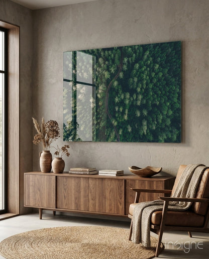Aerial woodland curved road glass wall art