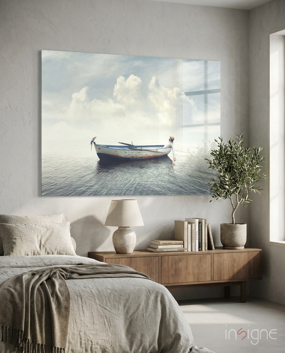 Misty Ocean Rowboat Glass Wall Art