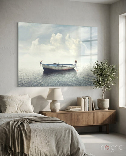 Misty Ocean Rowboat Glass Wall Art