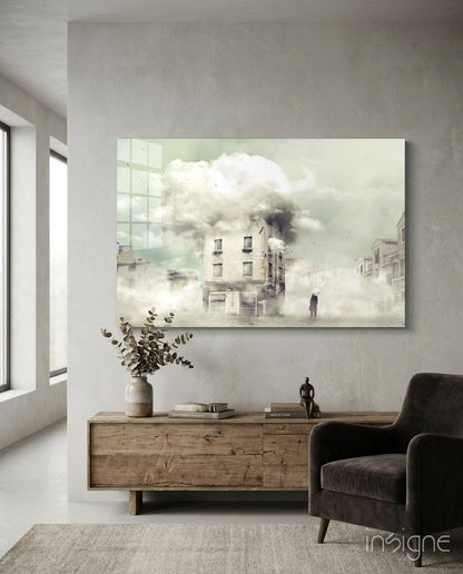 Misty piazza cityscape glass wall art