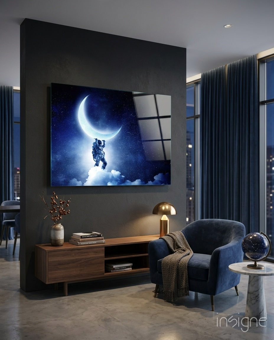 Astronaut reaching for moon glass wall art
