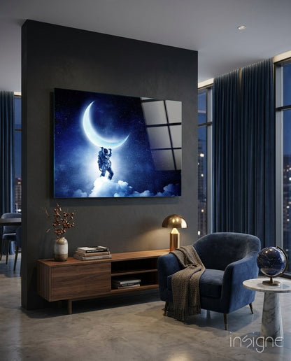 Astronaut reaching for moon glass wall art