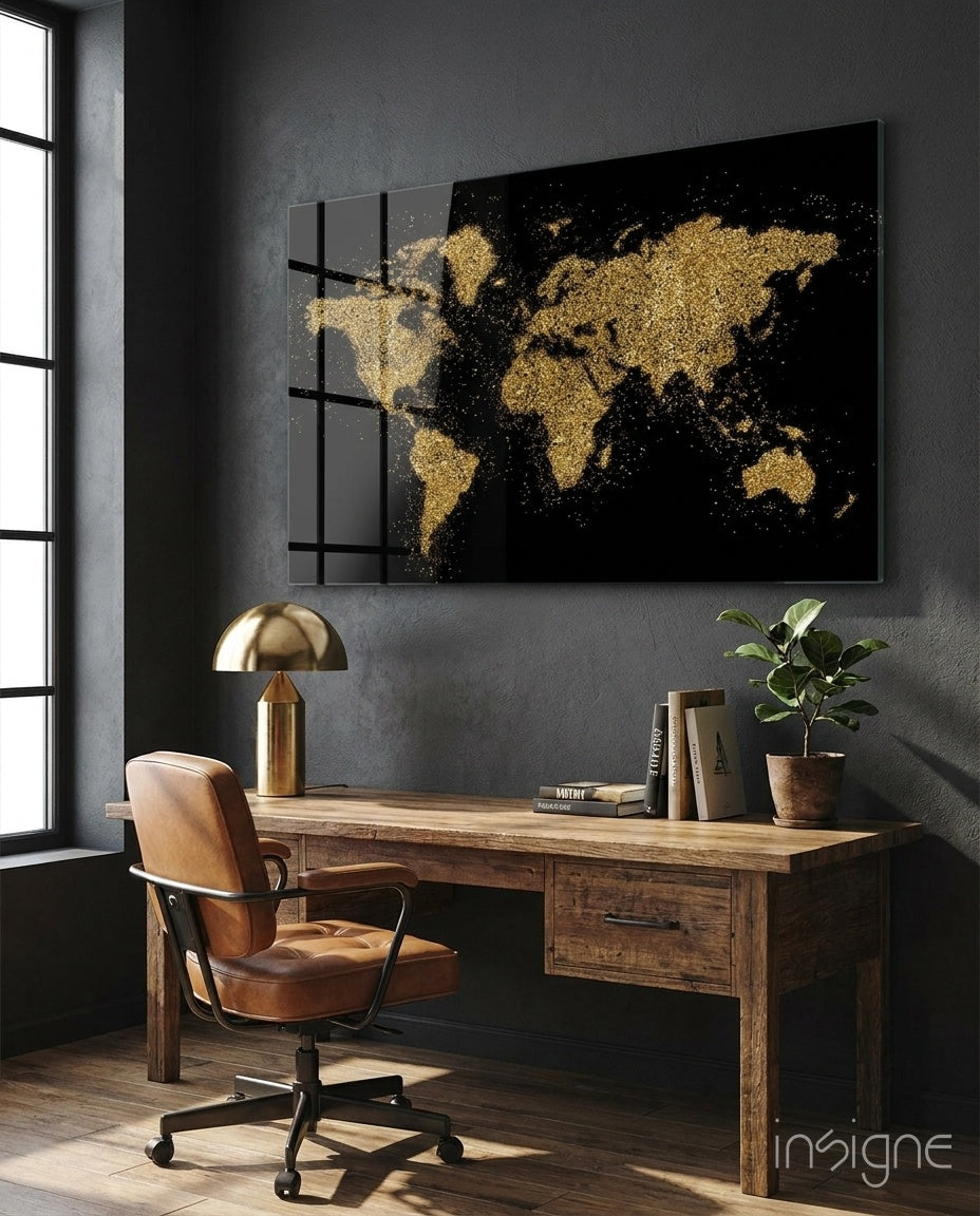 World Map Glass Wall Art gold glitter design