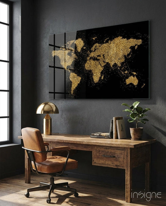 World Map Glass Wall Art gold glitter design