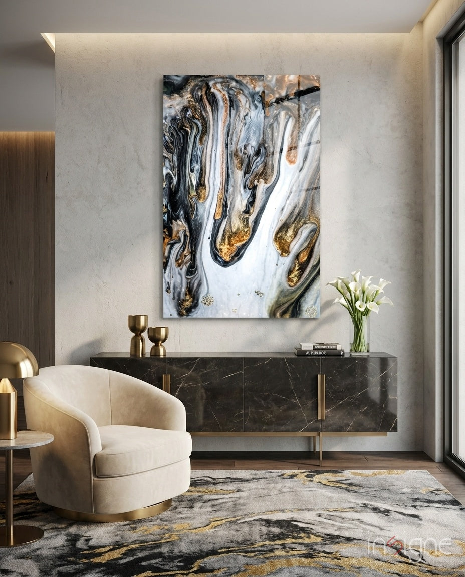 Marble Pour Abstract Glass Wall Art in pearl and copper-gold tones