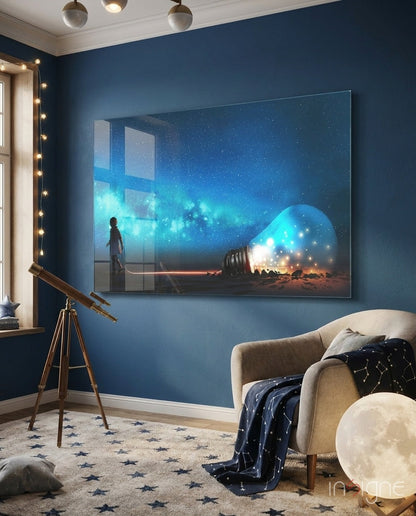 Starry night fantasy glass wall art whimsical scene