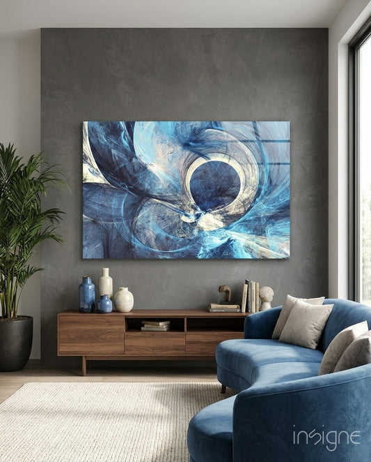 Vortex Eye Abstract Glass Wall Art in cobalt and pearl tones