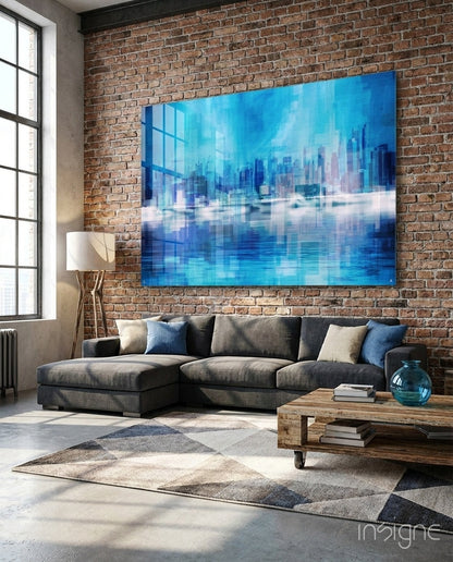Pixel Cityscape Glass Wall Art in aqua and pink tones