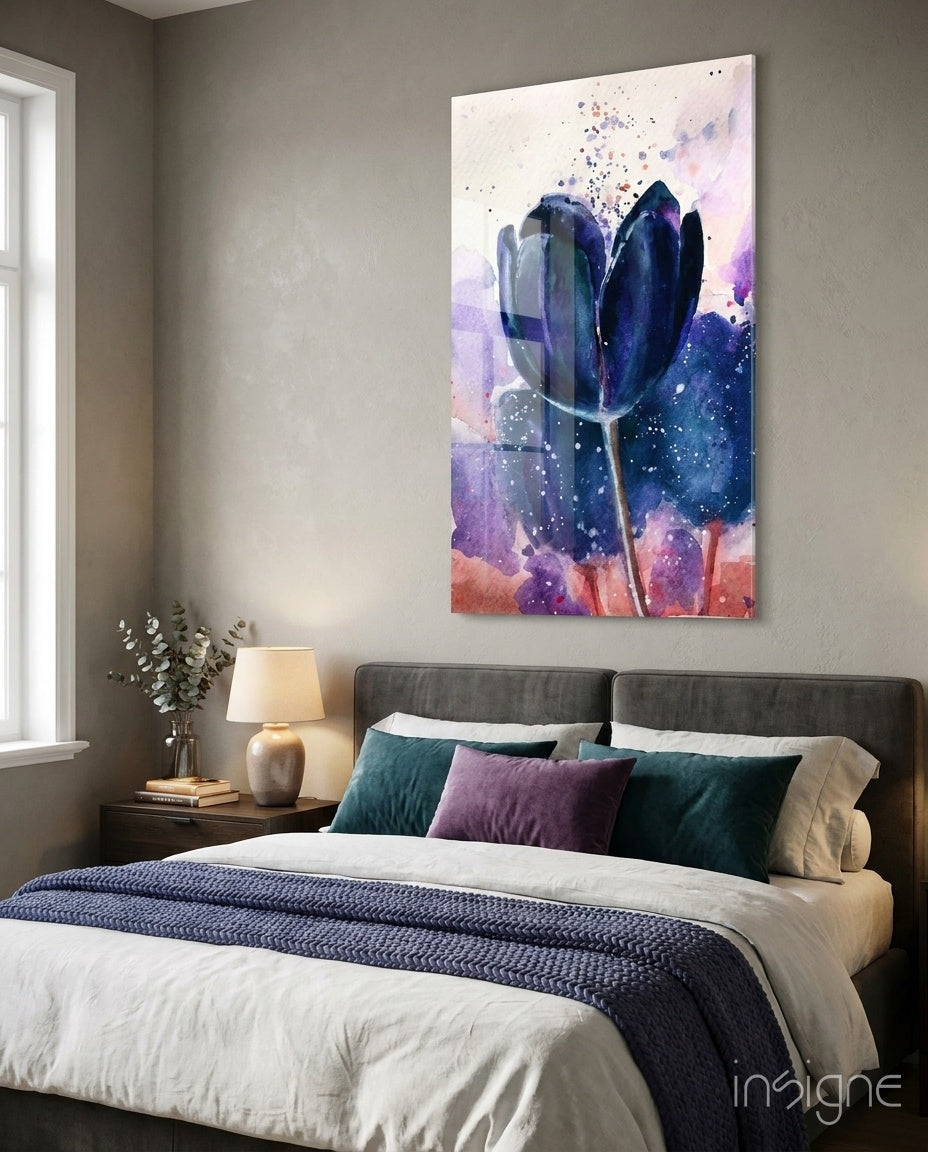 Navy tulip watercolor glass wall art