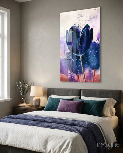 Navy tulip watercolor glass wall art