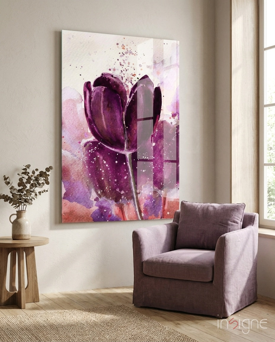 Magenta tulip watercolor glass wall art