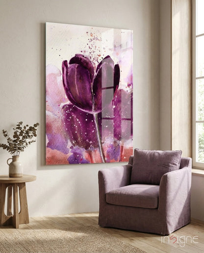 Magenta tulip watercolor glass wall art