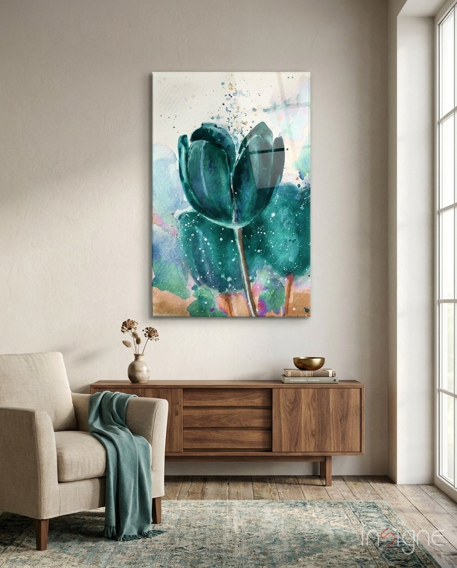 Teal tulip watercolor glass wall art