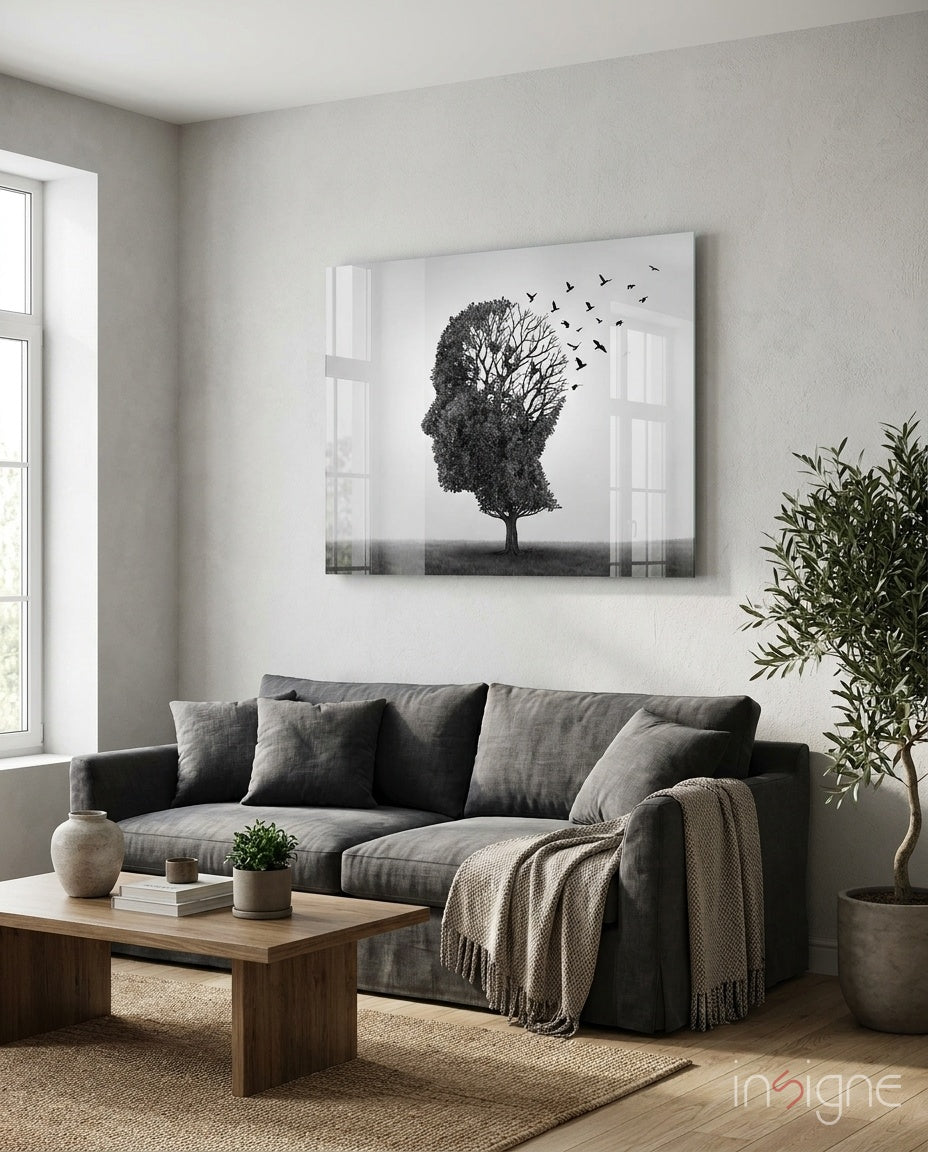 Autumn of Thoughts Glass Wall Art - surreal profile tree on tempered glass