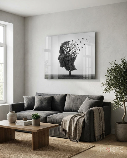 Autumn of Thoughts Glass Wall Art - surreal profile tree on tempered glass