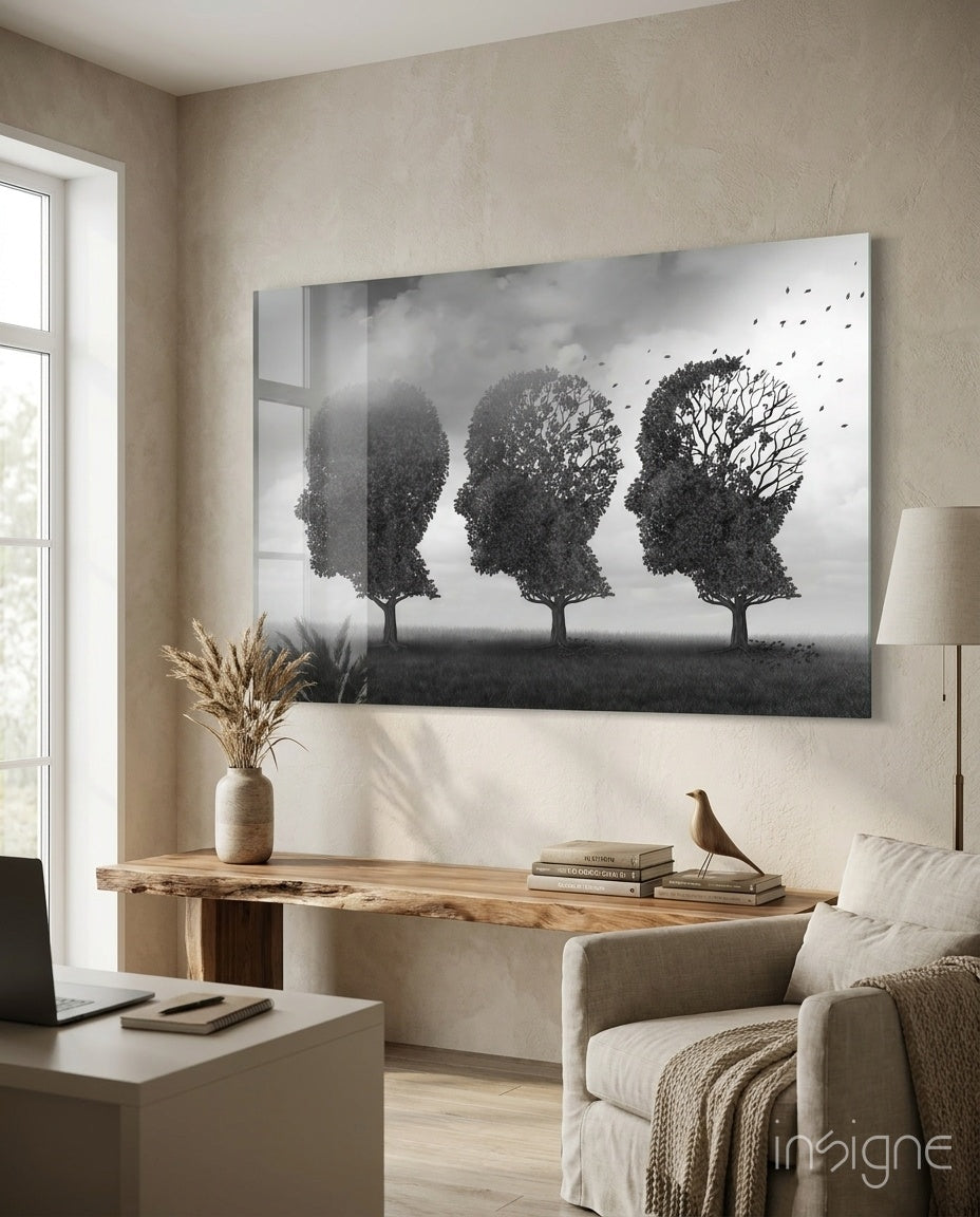 Autumn of Thoughts Glass Wall Art - three profile trees on tempered glass