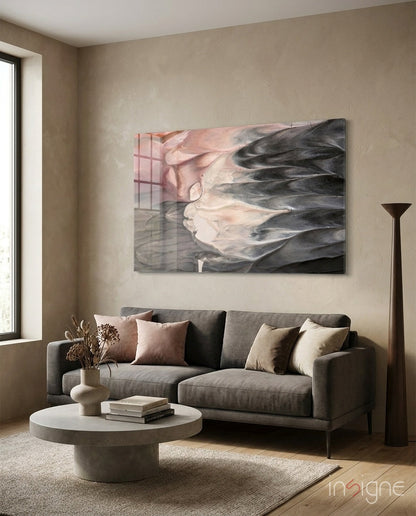 Fluid Plume Abstract Glass Wall Art in charcoal and pearl-pink tones