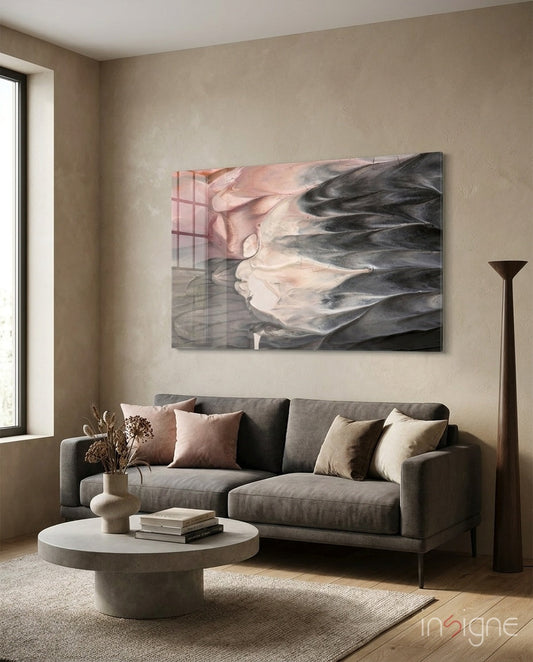 Fluid Plume Abstract Glass Wall Art in charcoal and pearl-pink tones