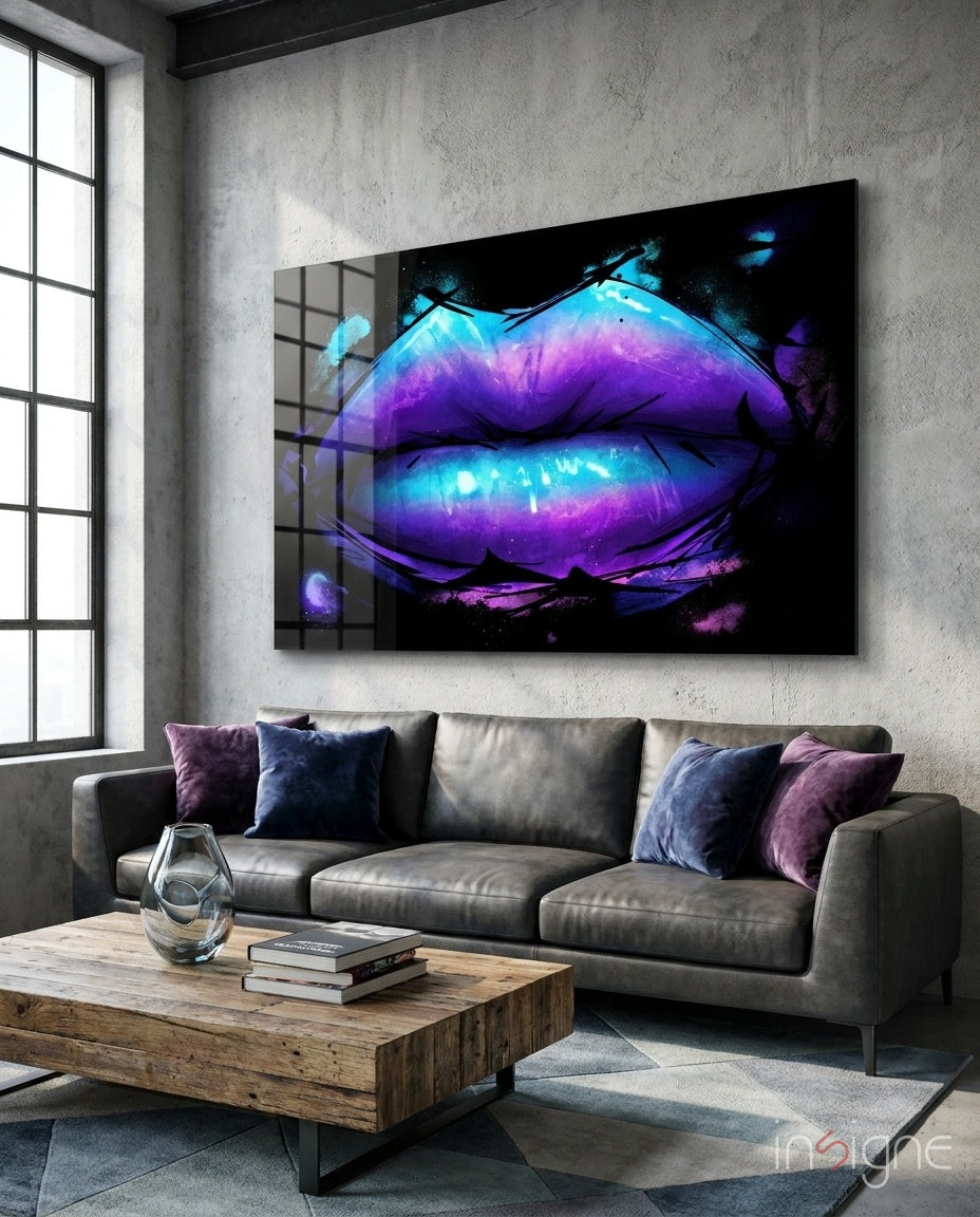 Purple galaxy lips pop art glass wall art