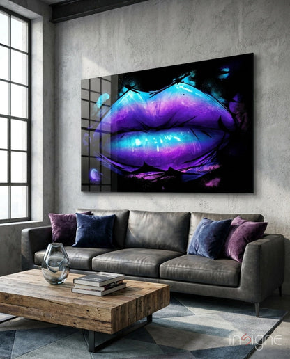 Purple galaxy lips pop art glass wall art