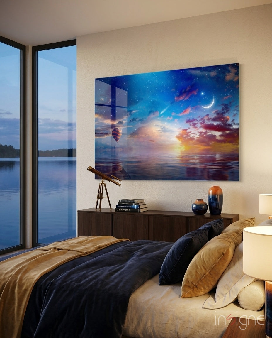 Hot air balloon sunset sea glass wall art panel