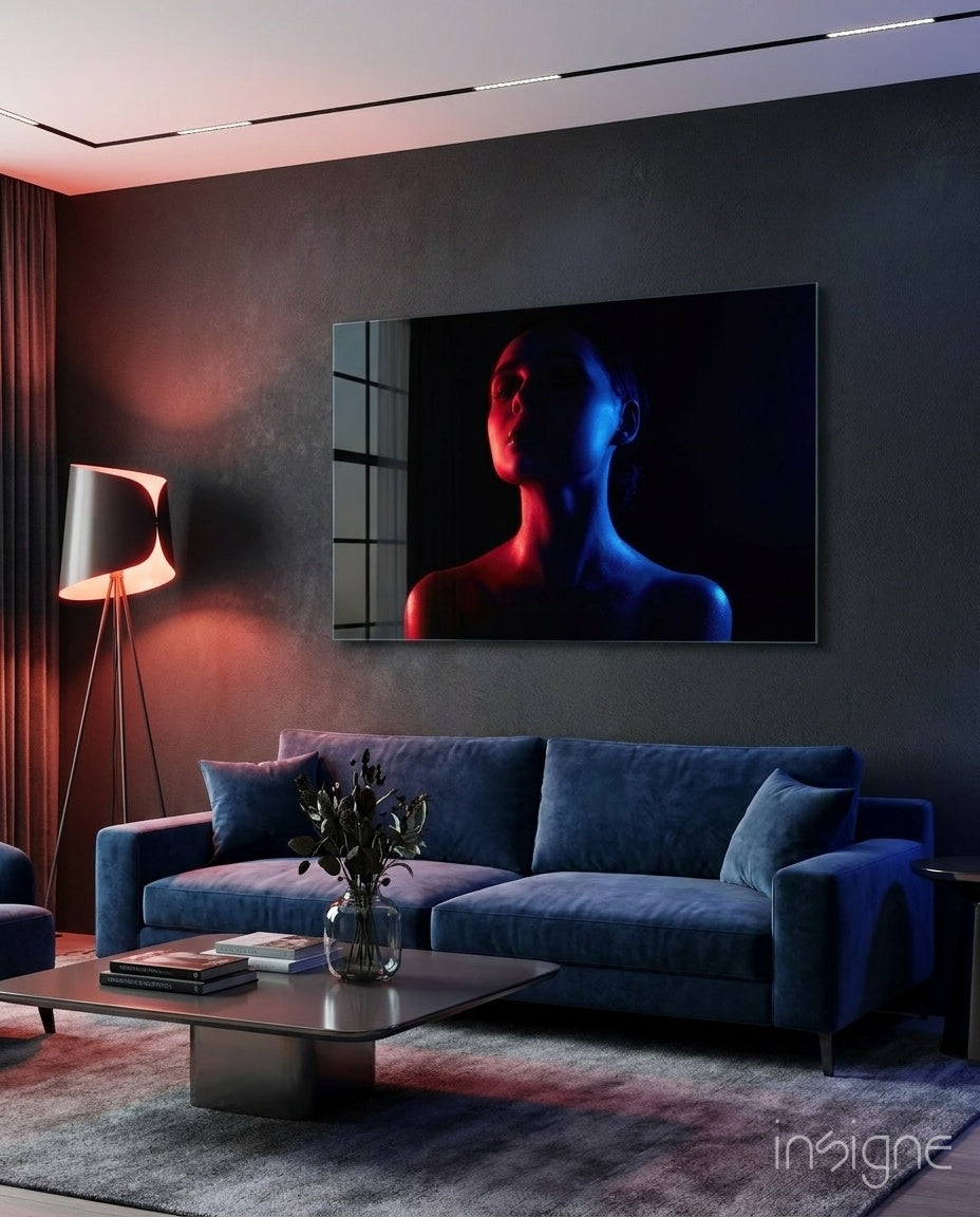 Cinematic Portrait Glass Wall Art in Crimson and Cobalt Tones