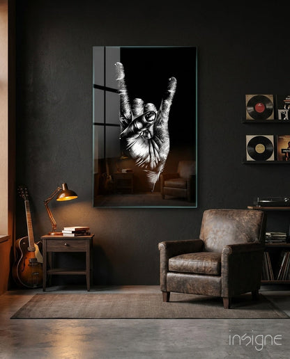 Rock horns hand glass wall art panel