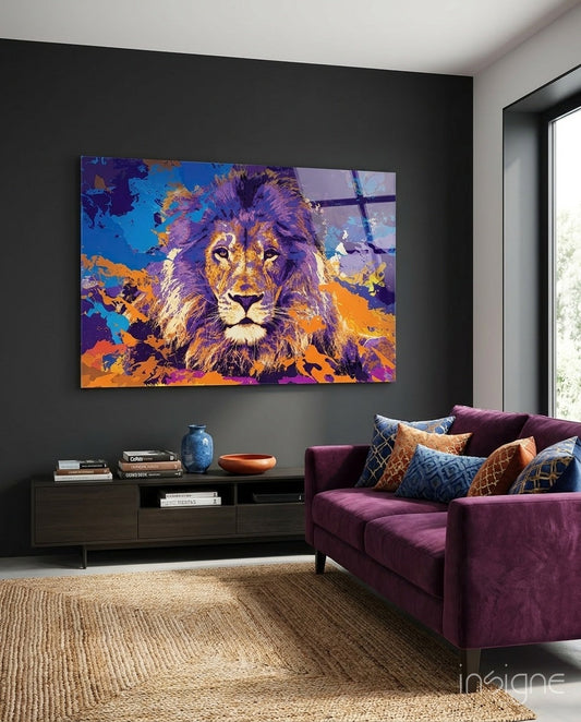 Lion pop art glass wall art, violet and amber contemporary lion painting on tempered glass