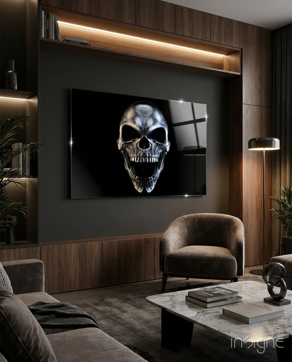 Silver screaming metal skull gothic glass wall art