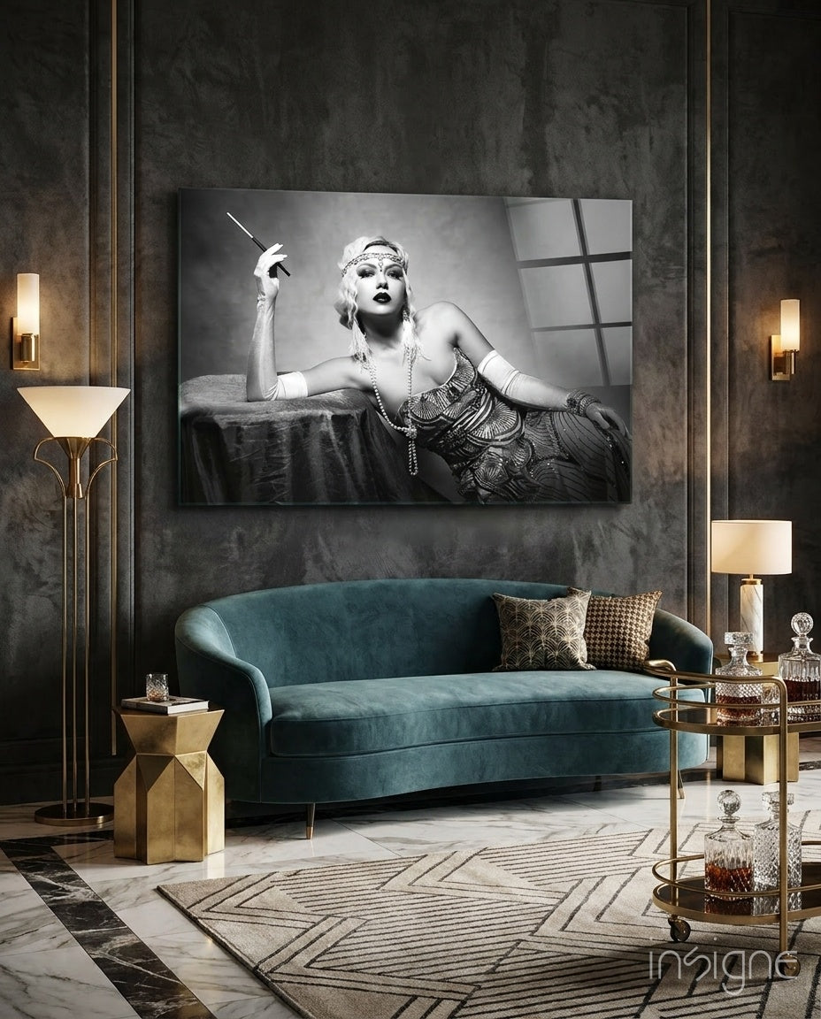 1920s flapper portrait glass wall art in art-deco pearl-and-silver palette