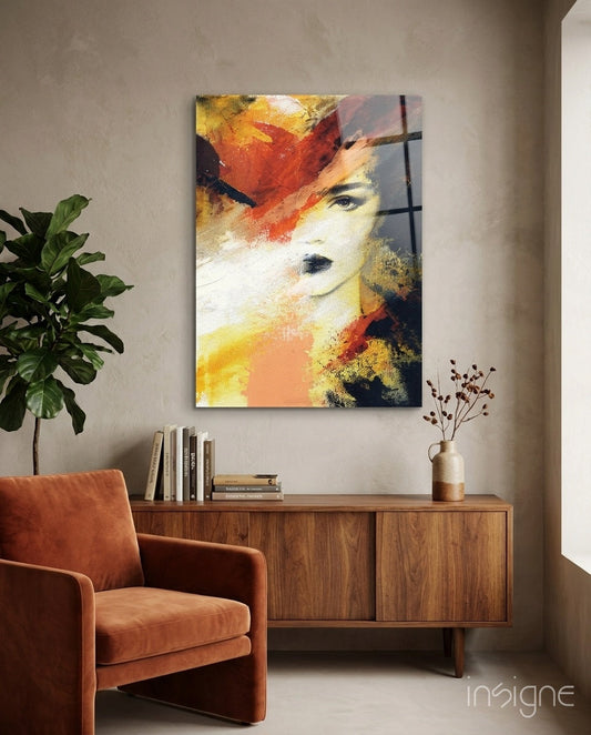 Expressionist Portrait Glass Wall Art in Amber and Crimson Tones