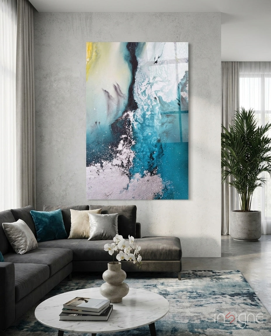 Teal yellow ink cascade glass wall art