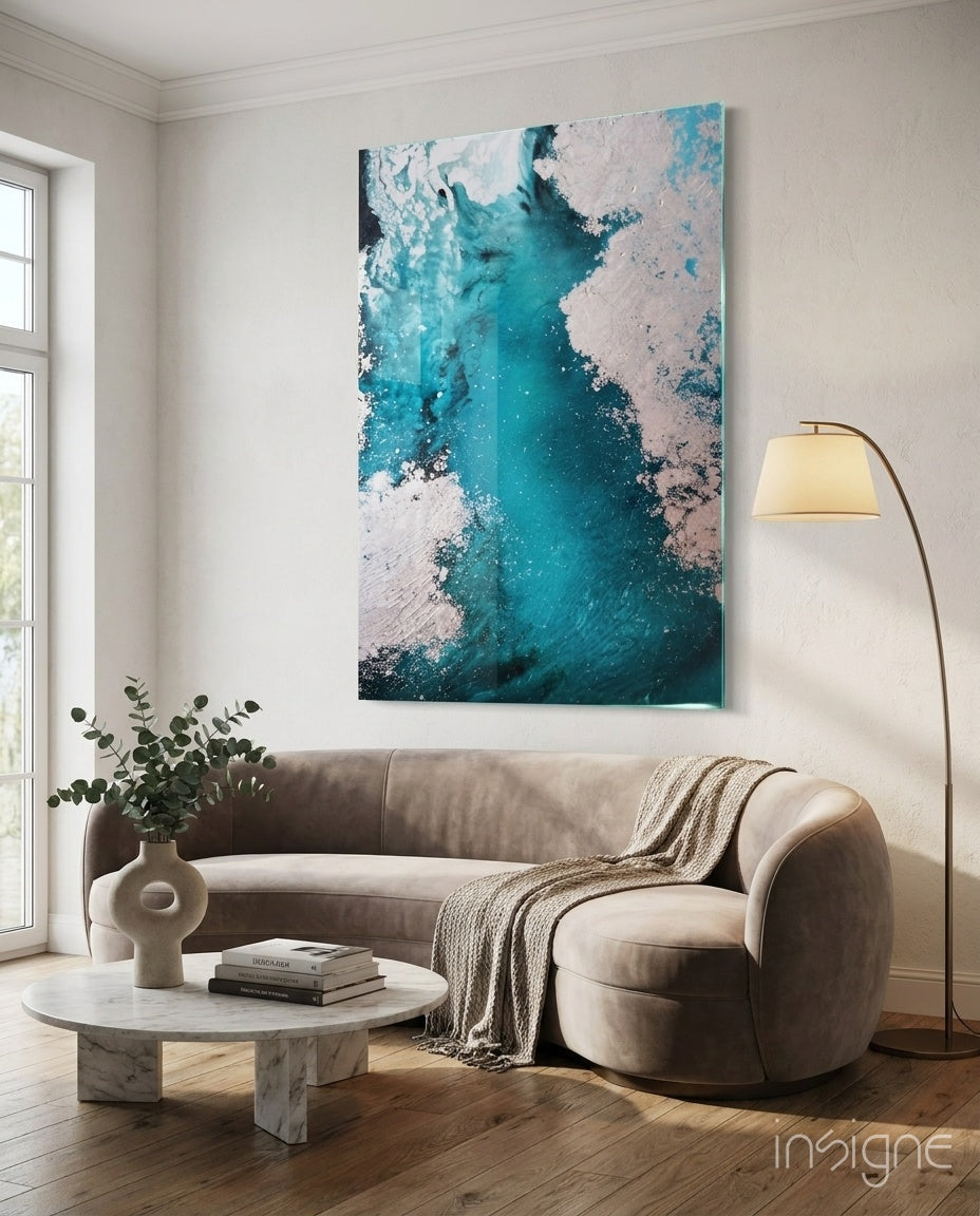 Turquoise blush ocean flow glass wall art