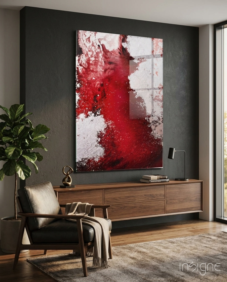 Crimson ink splash abstract glass wall art with polished glossy finish