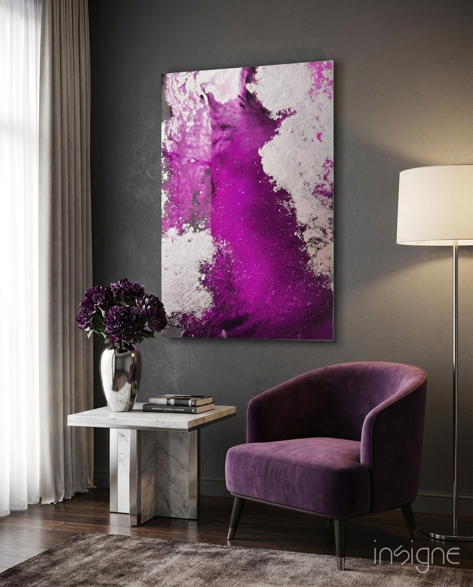 Purple wave splash abstract glass wall art