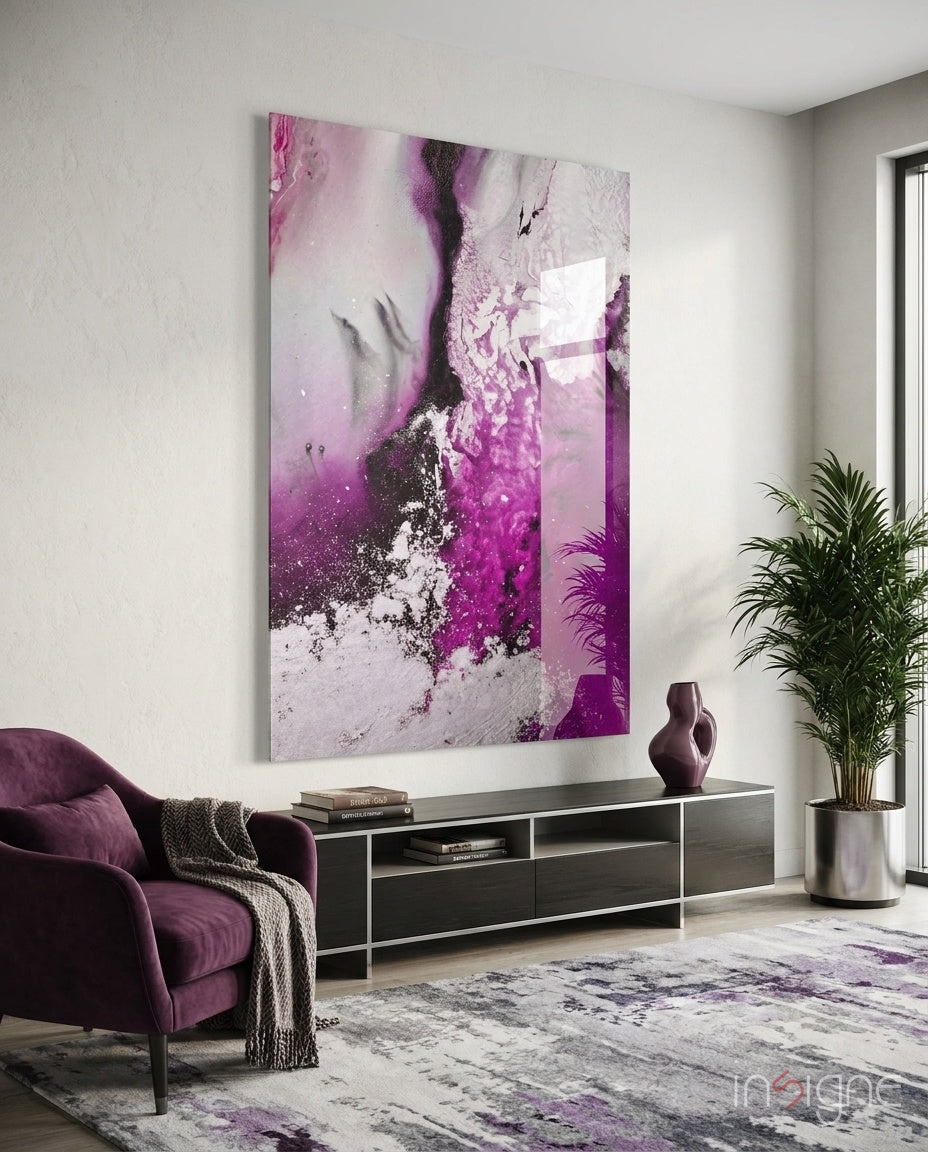 Pink and magenta abstract glass wall art, fluid blush and charcoal ribbons